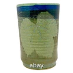 Studio Pottery Vase Arts Crafts Blue Green Leaf Motif Handmade Signed 8 T 5 W