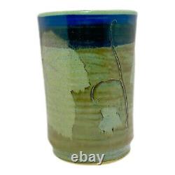 Studio Pottery Vase Arts Crafts Blue Green Leaf Motif Handmade Signed 8 T 5 W