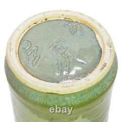 Studio Pottery Vase Arts Crafts Blue Green Leaf Motif Handmade Signed 8 T 5 W