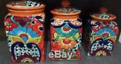 Talavera Folk Art Canisters Orange, Hand crafted Vibrant Floral XL Set 3