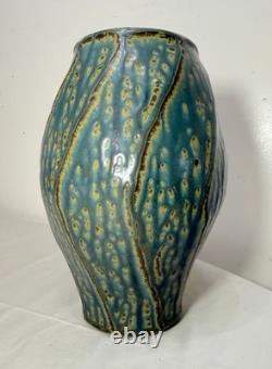 Tall Vintage signed handmade American pottery green glaze signed vase sculpture Tall Vintage signed handmade American pottery green glaze signed vase sculpture