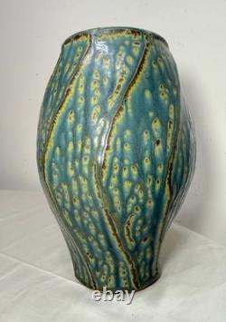 Tall Vintage signed handmade American pottery green glaze signed vase sculpture
