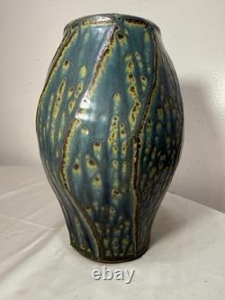 Tall Vintage signed handmade American pottery green glaze signed vase sculpture