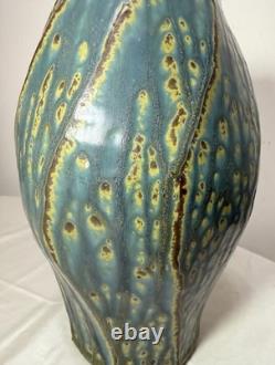 Tall Vintage signed handmade American pottery green glaze signed vase sculpture
