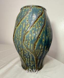 Tall Vintage signed handmade American pottery green glaze signed vase sculpture