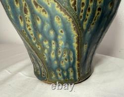 Tall Vintage signed handmade American pottery green glaze signed vase sculpture