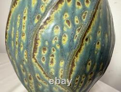 Tall Vintage signed handmade American pottery green glaze signed vase sculpture