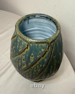 Tall Vintage signed handmade American pottery green glaze signed vase sculpture