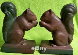 VAN BRIGGLE Pottery Squirrel Bookends Chocolate Blue Green Arts & Crafts Era NM