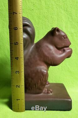 VAN BRIGGLE Pottery Squirrel Bookends Chocolate Blue Green Arts & Crafts Era NM