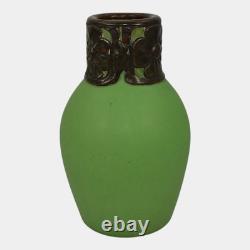 Van Briggle 1902 Pottery Matte Green Vase Art Nouveau Bronze Metal Overlay