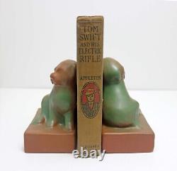 Van Briggle Art Pottery Green and Brown Puppy Dog Bookends American Arts Crafts