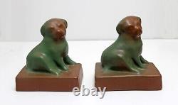 Van Briggle Art Pottery Green and Brown Puppy Dog Bookends American Arts Crafts