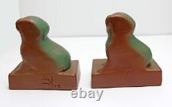 Van Briggle Art Pottery Green and Brown Puppy Dog Bookends American Arts Crafts