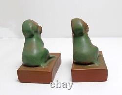 Van Briggle Art Pottery Green and Brown Puppy Dog Bookends American Arts Crafts