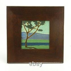 Van Briggle Pottery 6 landscape tile scenic tree Arts & Crafts matte green blue