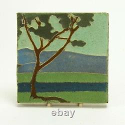 Van Briggle Pottery 6 landscape tile scenic tree Arts & Crafts matte green blue