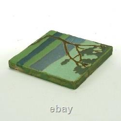 Van Briggle Pottery 6 landscape tile scenic tree Arts & Crafts matte green blue