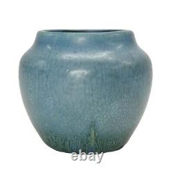 Vintage 1910s Hampshire Pottery Arts and Crafts Blue Squat Vase Snake Skin Glaze