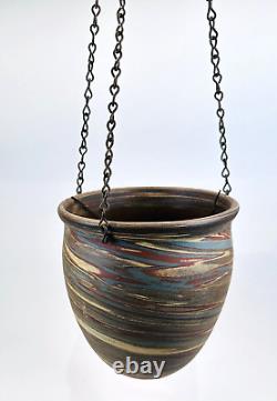 Vintage 1930s Evans Art Pottery Mission Swirl Hand Made Hanging Basket with Chain