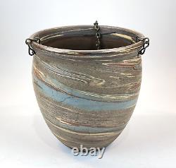 Vintage 1930s Evans Art Pottery Mission Swirl Hand Made Hanging Basket with Chain