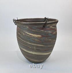 Vintage 1930s Evans Art Pottery Mission Swirl Hand Made Hanging Basket with Chain