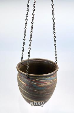 Vintage 1930s Evans Art Pottery Mission Swirl Hand Made Hanging Basket with Chain