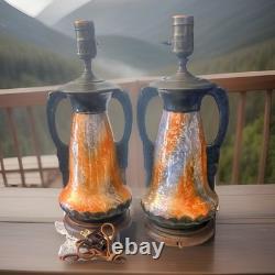 Vintage Arts And Crafts Pottery 15 Iridescent Lamps With Wood Base