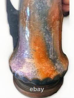 Vintage Arts And Crafts Pottery 15 Iridescent Lamps With Wood Base