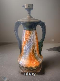 Vintage Arts And Crafts Pottery 15 Iridescent Lamps With Wood Base