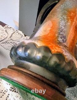 Vintage Arts And Crafts Pottery 15 Iridescent Lamps With Wood Base