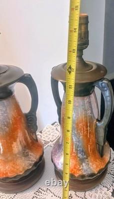 Vintage Arts And Crafts Pottery 15 Iridescent Lamps With Wood Base