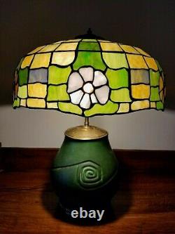 Vintage Arts & Crafts Leaded Glass Table Lamp with Hampshire Art Pottery Base