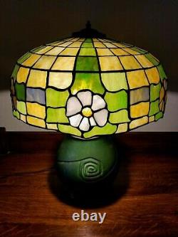 Vintage Arts & Crafts Leaded Glass Table Lamp with Hampshire Art Pottery Base