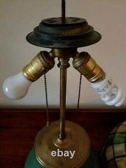 Vintage Arts & Crafts Leaded Glass Table Lamp with Hampshire Art Pottery Base