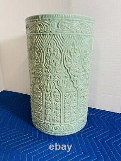 Vintage Arts & Crafts Mint Green Pottery Umbrella / Cane Stand large crack 20