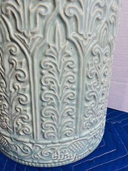 Vintage Arts & Crafts Mint Green Pottery Umbrella / Cane Stand large crack 20