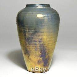 Vintage Arts & Crafts Pewabic Pottery 6 1/4 Iridescent Blue/Gold Vase c1903-10s