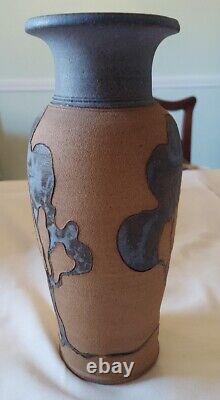 Vintage Arts and Crafts sgn Pottery Vase. Tree Mofif Stonewear stoneware salt