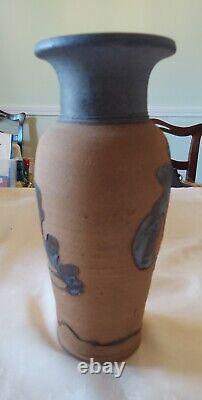 Vintage Arts and Crafts sgn Pottery Vase. Tree Mofif Stonewear stoneware salt