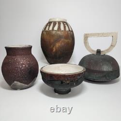 Vintage Collection of 4pcs Raku Fired Art Pottery Artisan Signed Various Sizes