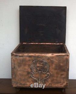 Vintage Copper Arts & Crafts Coal Scuttle-Cast Iron HandlesFireplace Accessories