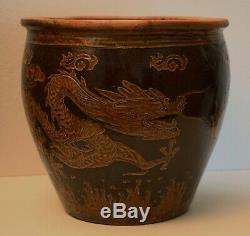 Vintage LARGE Chinese Pottery DRAGON Fish Bowl Jardiniere Planter Vase Art Craft