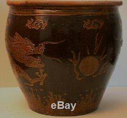 Vintage LARGE Chinese Pottery DRAGON Fish Bowl Jardiniere Planter Vase Art Craft