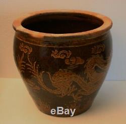 Vintage LARGE Chinese Pottery DRAGON Fish Bowl Jardiniere Planter Vase Art Craft