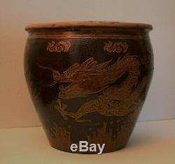 Vintage LARGE Chinese Pottery DRAGON Fish Bowl Jardiniere Planter Vase Art Craft