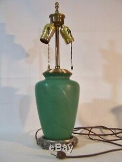 Vintage Matte Green Tobacco Leaf Pottery Lamp Zanesville Grueby Arts & Crafts