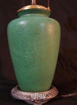 Vintage Matte Green Tobacco Leaf Pottery Lamp Zanesville Grueby Arts & Crafts
