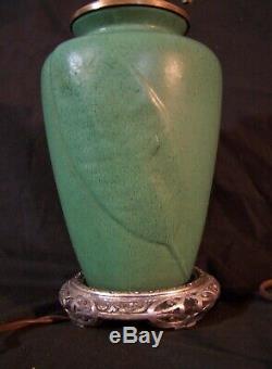 Vintage Matte Green Tobacco Leaf Pottery Lamp Zanesville Grueby Arts & Crafts