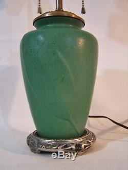 Vintage Matte Green Tobacco Leaf Pottery Lamp Zanesville Grueby Arts & Crafts